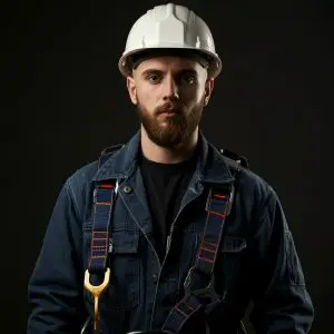 "A man standing, looking confident and safe, geared up with a harness and fall protection equipment for Fall Protection Competent Person Training 24-Hr Fall Protection course