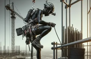 Construction worker in safety gear using a harness while working at height on a building site with cranes in the background