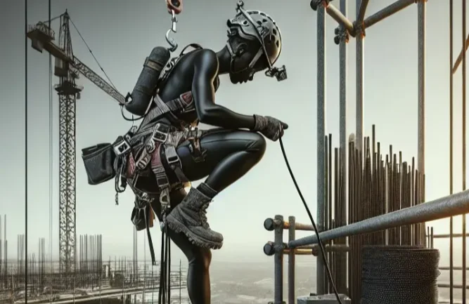 Construction worker in safety gear using a harness while working at height on a building site with cranes in the background
